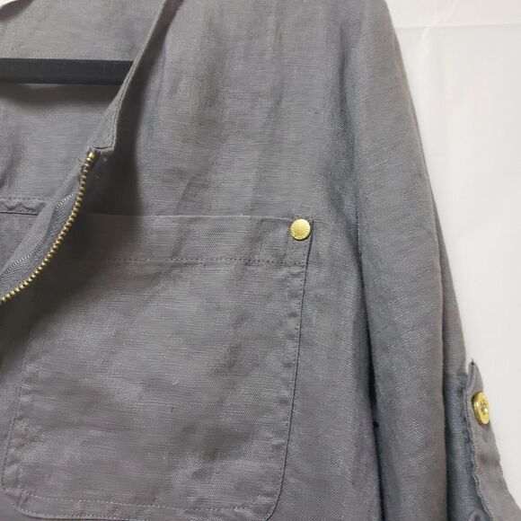 Women’s Ellen Tracy Gray 100% Linen Roll Tab Sleeve Zipper Front Blouse Sz S NWT - Picture 5 of 14